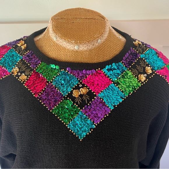 Vintage Victoria Jones black Women's sequin embellished ramie Sweater size Large - Picture 6 of 10